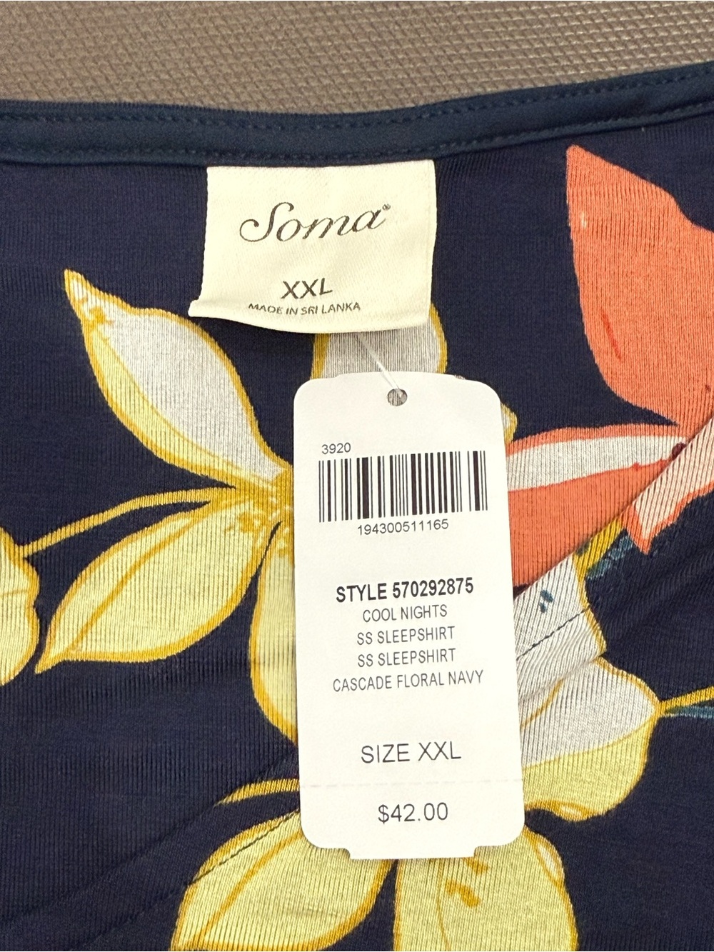 Soma Cool Nights Nightgown Sleep Shirt Soft Jersey Navy Floral NWT XXL - Picture 3 of 7